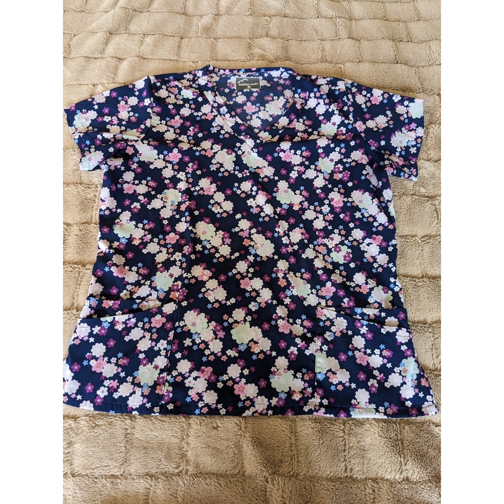Butter-Soft Womens V-Neck Floral Scrub Top Navy Blue Pink Large TS697